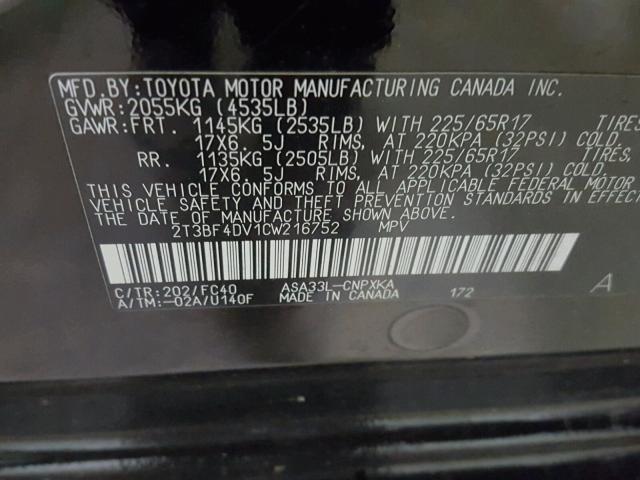 2T3BF4DV1CW216752 - 2012 TOYOTA RAV4 BLACK photo 10