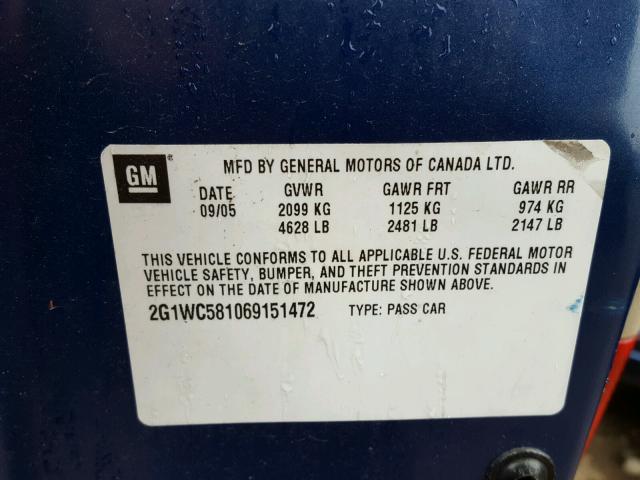 2G1WC581069151472 - 2006 CHEVROLET IMPALA LT BLUE photo 10