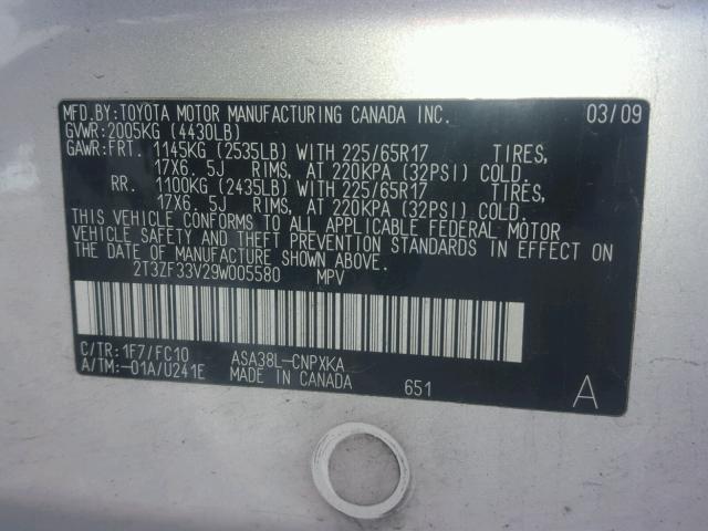 2T3ZF33V29W005580 - 2009 TOYOTA RAV4 SILVER photo 10