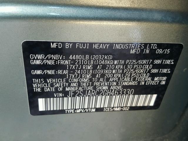 JF2SJARC2GH463330 - 2016 SUBARU FORESTER 2 GREEN photo 10