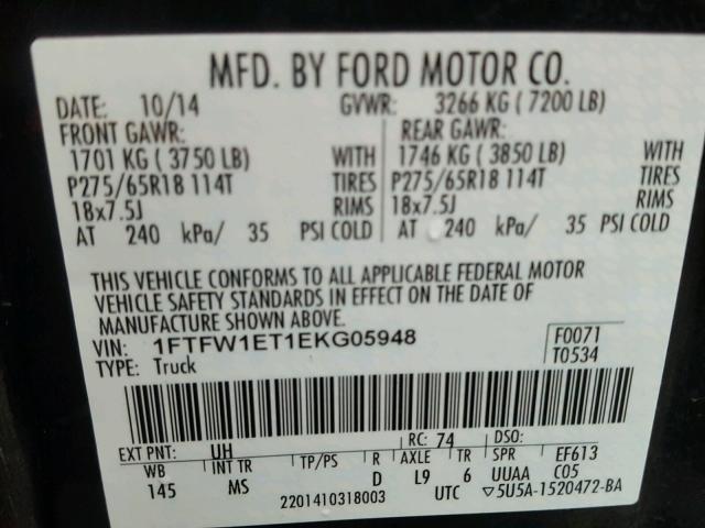 1FTFW1ET1EKG05948 - 2014 FORD F150 SUPER BLACK photo 10