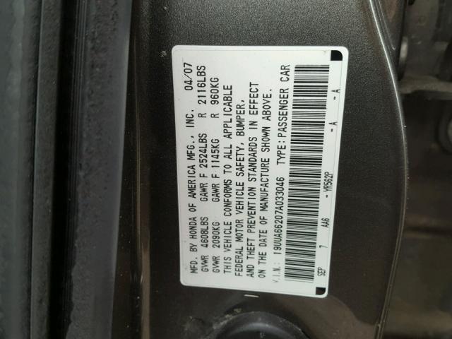 19UUA66207A033046 - 2007 ACURA TL GRAY photo 10