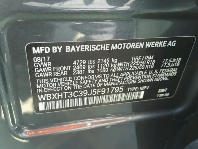 WBXHT3C39J5F91795 - 2018 BMW X1 XDRIVE2 GRAY photo 10