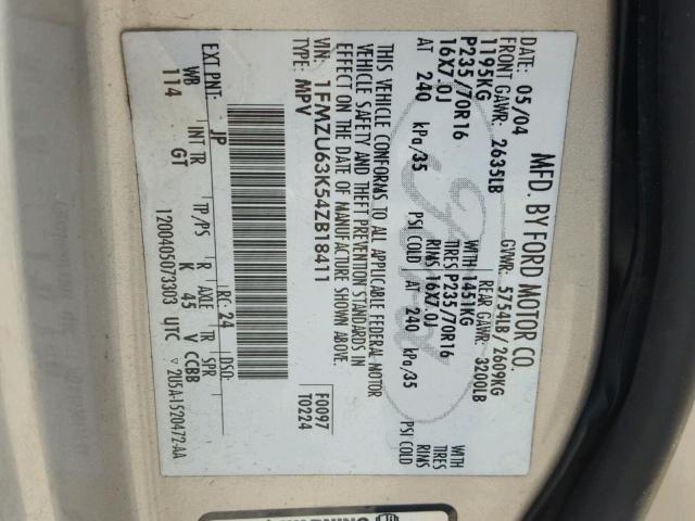 1FMZU63K54ZB18411 - 2004 FORD EXPLORER X SILVER photo 10