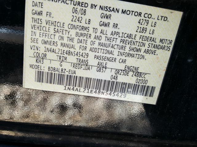 1N4AL21E48N545429 - 2008 NISSAN ALTIMA BLACK photo 10