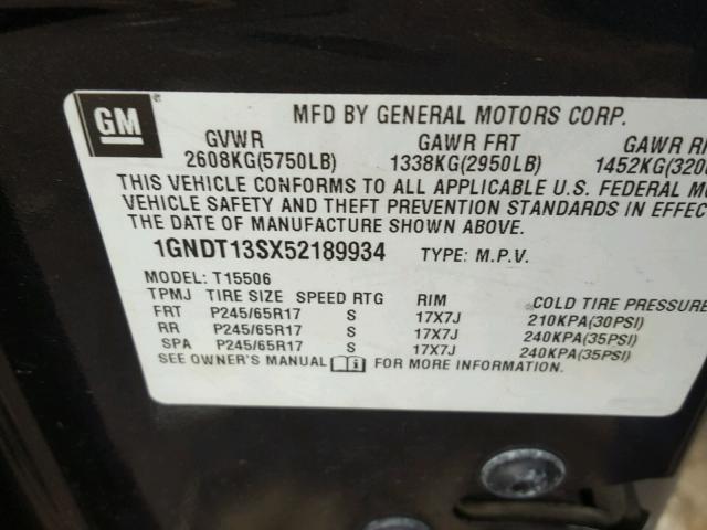 1GNDT13SX52189934 - 2005 CHEVROLET TRAILBLAZE GRAY photo 10