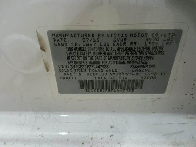 3N1CE2CP2FL447933 - 2015 NISSAN VERSA NOTE WHITE photo 10