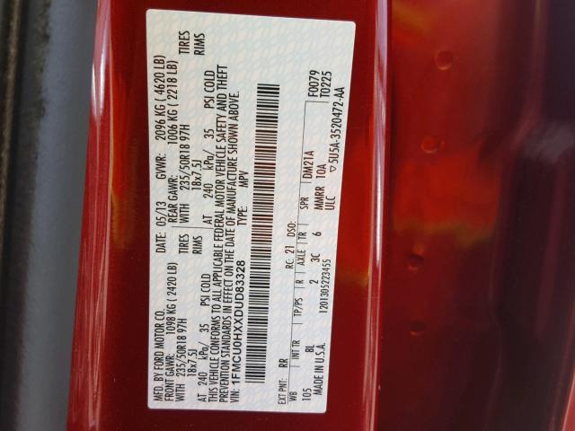 1FMCU0HXXDUD83328 - 2013 FORD ESCAPE SEL RED photo 10