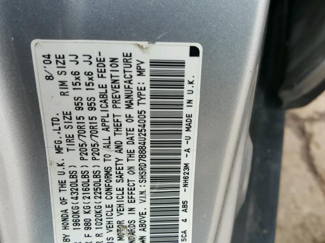 SHSRD78884U254005 - 2004 HONDA CR-V EX ვერცხლისფერი ფოტო 10