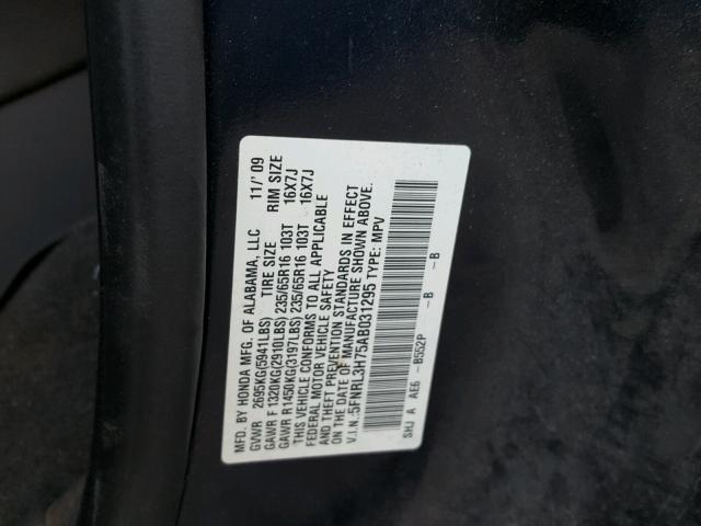 5FNRL3H75AB031295 - 2010 HONDA ODYSSEY EX BLUE photo 10