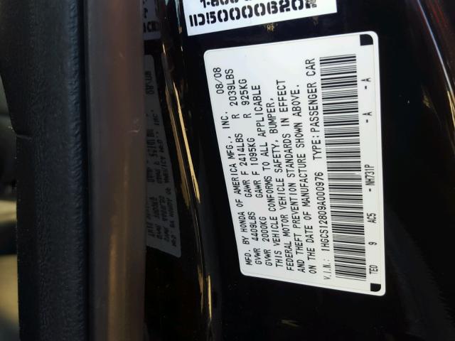 1HGCS12809A000976 - 2009 HONDA ACCORD EXL BLACK photo 10