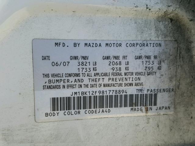 JM1BK12F981778894 - 2008 MAZDA 3 I WHITE photo 10