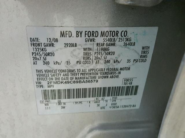 2FMDK49C89BA56579 - 2009 FORD EDGE LIMIT SILVER photo 10