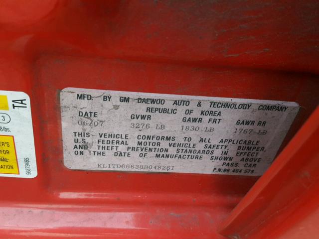 KL1TD66638B048261 - 2008 CHEVROLET AVEO BASE RED photo 10