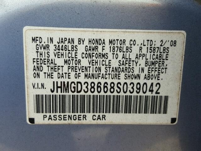 JHMGD38668S039042 - 2008 HONDA FIT SPORT BLUE photo 10