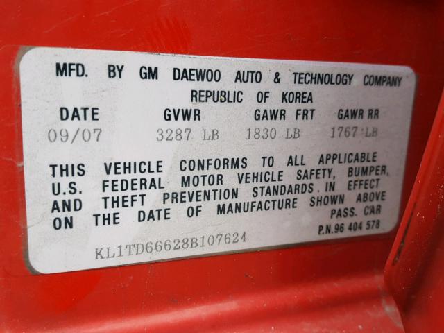 KL1TD66628B107624 - 2008 CHEVROLET AVEO BASE Czerwony zdjęcie 10