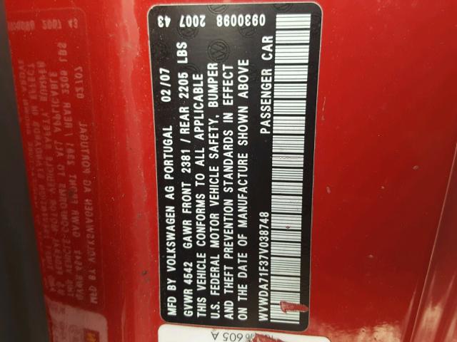 WVWDA71F37V038748 - 2007 VOLKSWAGEN EOS 2.0T S RED photo 10