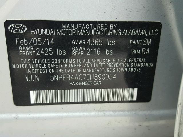 5NPEB4AC7EH890054 - 2014 HYUNDAI SONATA GLS SILVER photo 10