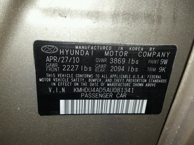 KMHDU4AD5AU081341 - 2010 HYUNDAI ELANTRA BL TAN photo 10