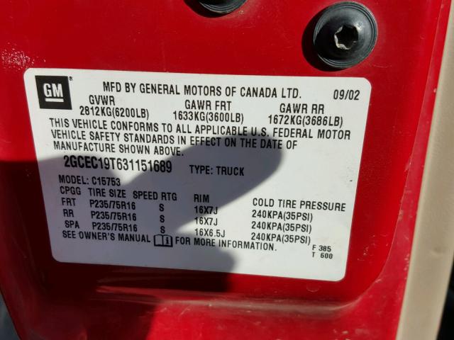 2GCEC19T631151689 - 2003 CHEVROLET SILVERADO RED photo 10