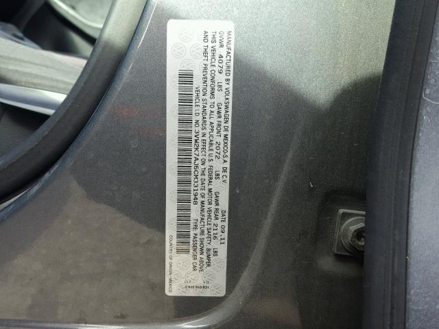 3VW2K7AJ5CM331948 - 2012 VOLKSWAGEN JETTA BASE GRAY photo 10