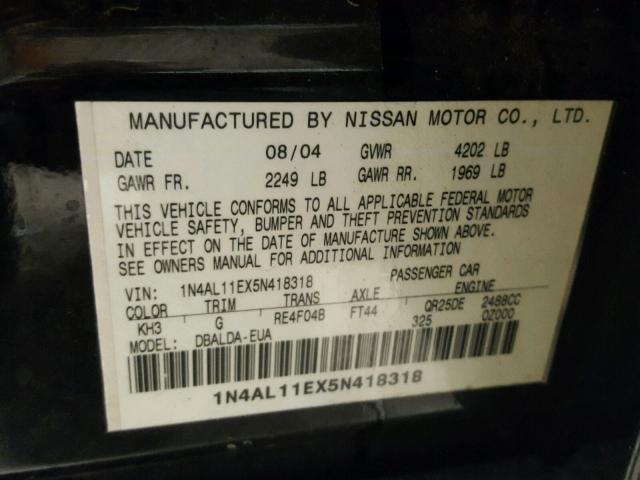 1N4AL11EX5N418318 - 2005 NISSAN ALTIMA S BLACK photo 10