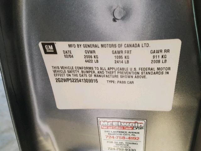 2G2WP522541309916 - 2004 PONTIAC GRAND PRIX GRAY photo 10