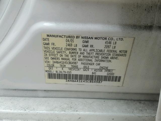 1N4BA41E45C864987 - 2005 NISSAN MAXIMA SE WHITE photo 10