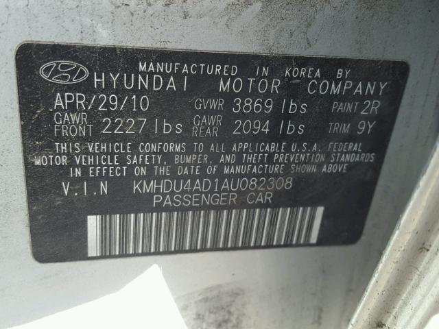 KMHDU4AD1AU082308 - 2010 HYUNDAI ELANTRA BL SILVER photo 10