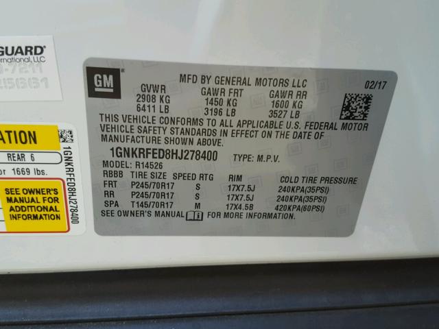 1GNKRFED8HJ278400 - 2017 CHEVROLET TRAVERSE L WHITE photo 10