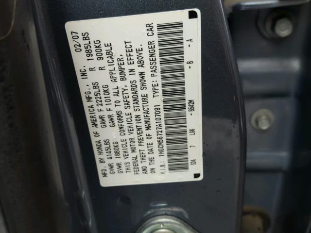 1HGCM56727A107091 - 2007 HONDA ACCORD EX BLUE photo 10