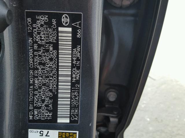 JTDKB20U393522988 - 2009 TOYOTA PRIUS CHARCOAL photo 10