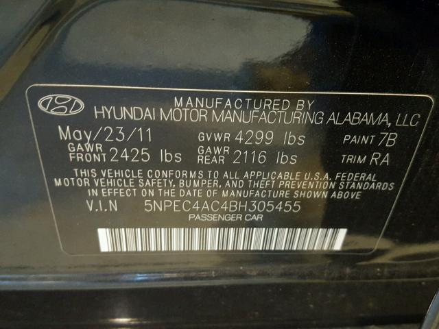 5NPEC4AC4BH305455 - 2011 HYUNDAI SONATA SE BLACK photo 10