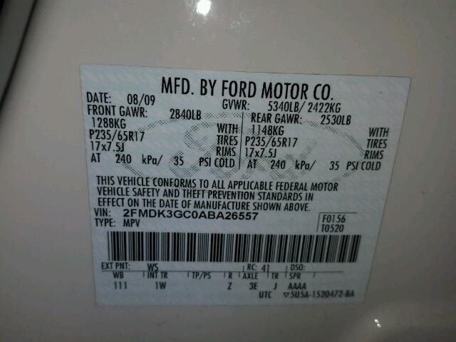 2FMDK3GC0ABA26557 - 2010 FORD EDGE SE WHITE photo 10