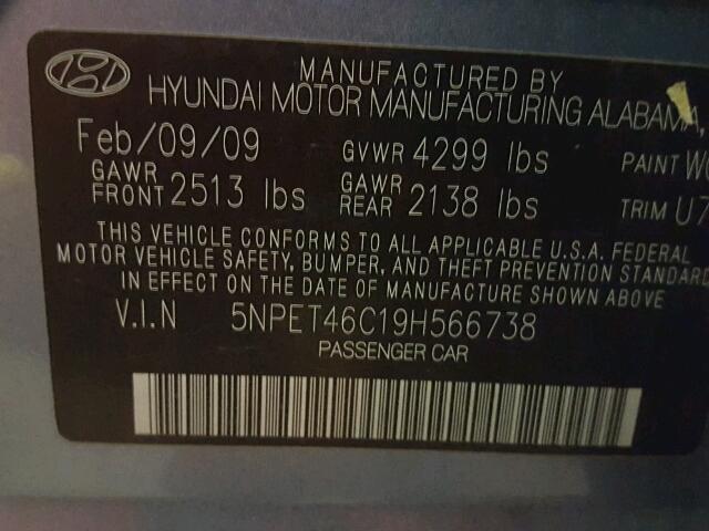 5NPET46C19H566738 - 2009 HYUNDAI SONATA GLS BLUE photo 10