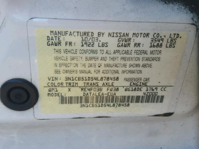 3N1CB51D54L878458 - 2004 NISSAN SENTRA 1.8 WHITE photo 10