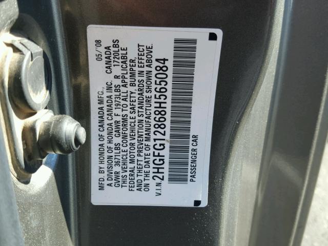 2HGFG12868H565084 - 2008 HONDA CIVIC EX GRAY photo 10