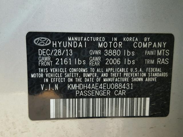 KMHDH4AE4EU088431 - 2014 HYUNDAI ELANTRA SE SILVER photo 10