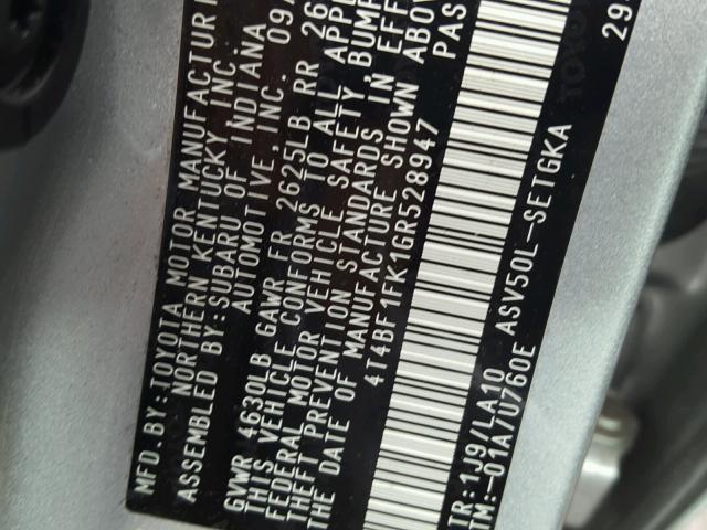 4T4BF1FK1GR528947 - 2016 TOYOTA CAMRY LE ვერცხლისფერი ფოტო 10