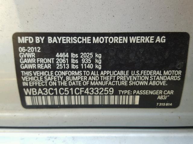 WBA3C1C51CF433259 - 2012 BMW 328 I SULE SILVER photo 10