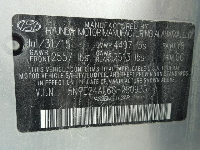 5NPE24AF6GH280935 - 2016 HYUNDAI SONATA SE SILVER photo 10