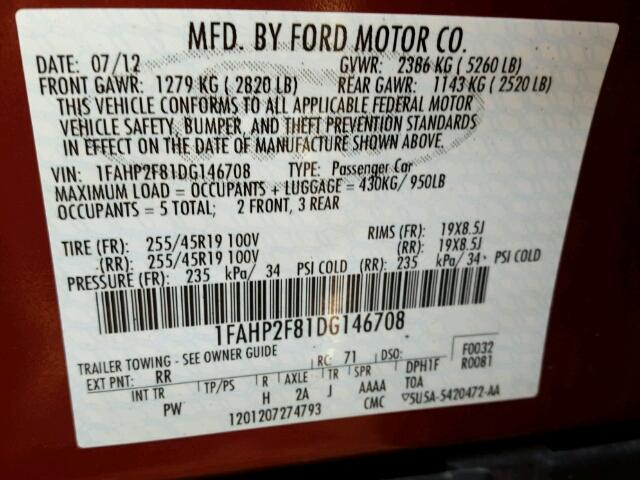 1FAHP2F81DG146708 - 2013 FORD TAURUS LIM RED photo 10