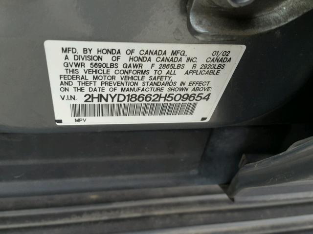 2HNYD18662H509654 - 2002 ACURA MDX TOURIN GRAY photo 10