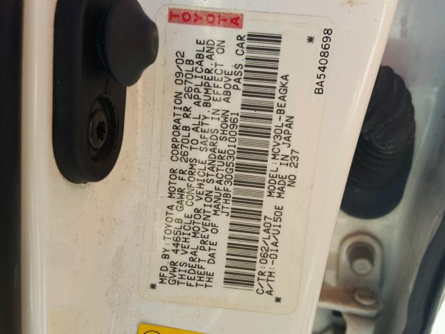 JTHBF30G530100961 - 2003 LEXUS ES 300 WHITE photo 10