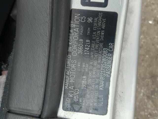 KNAFB121735280083 - 2003 KIA SPECTRA BA SILVER photo 10