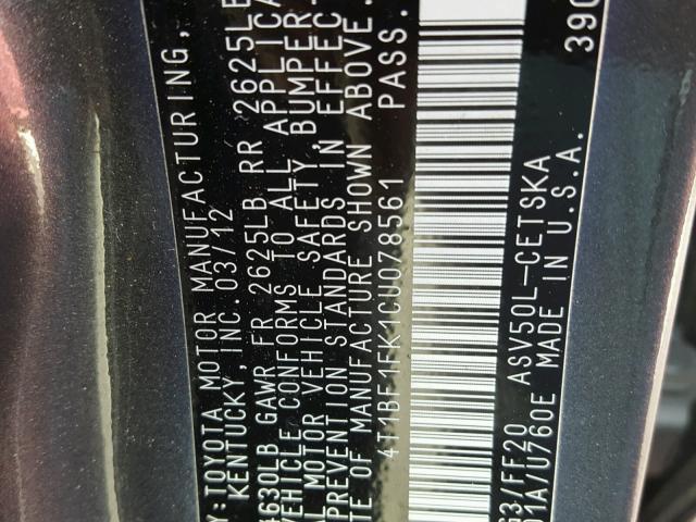 4T1BF1FK1CU078561 - 2012 TOYOTA CAMRY BASE GRAY photo 10