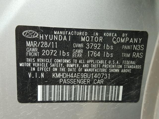 KMHDH4AE9BU140731 - 2011 HYUNDAI ELANTRA GL SILVER photo 10