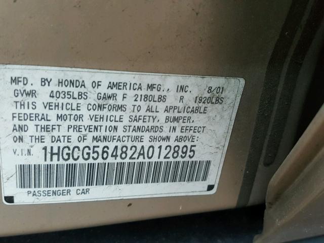 1HGCG56482A012895 - 2002 HONDA ACCORD LX TAN photo 10