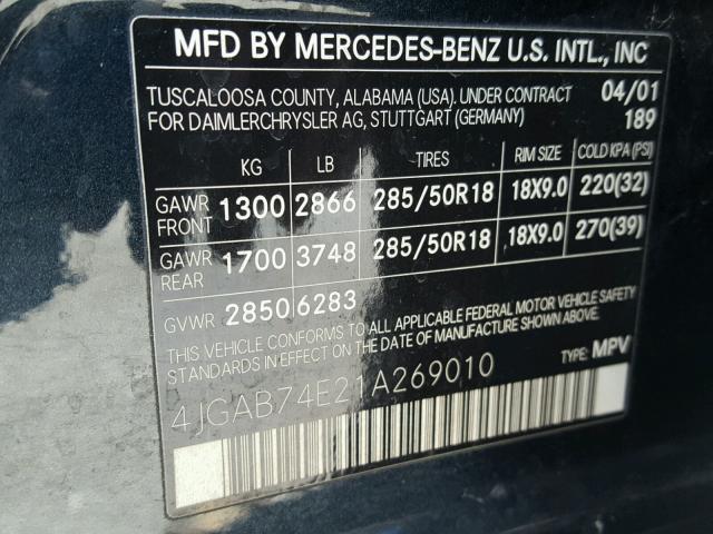 4JGAB74E21A269010 - 2001 MERCEDES-BENZ ML 55 BLACK photo 10