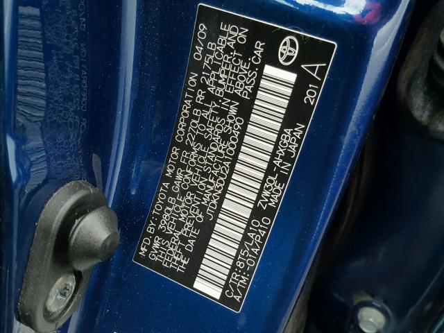 JTDKN3DU2A1000490 - 2010 TOYOTA PRIUS BLUE photo 10